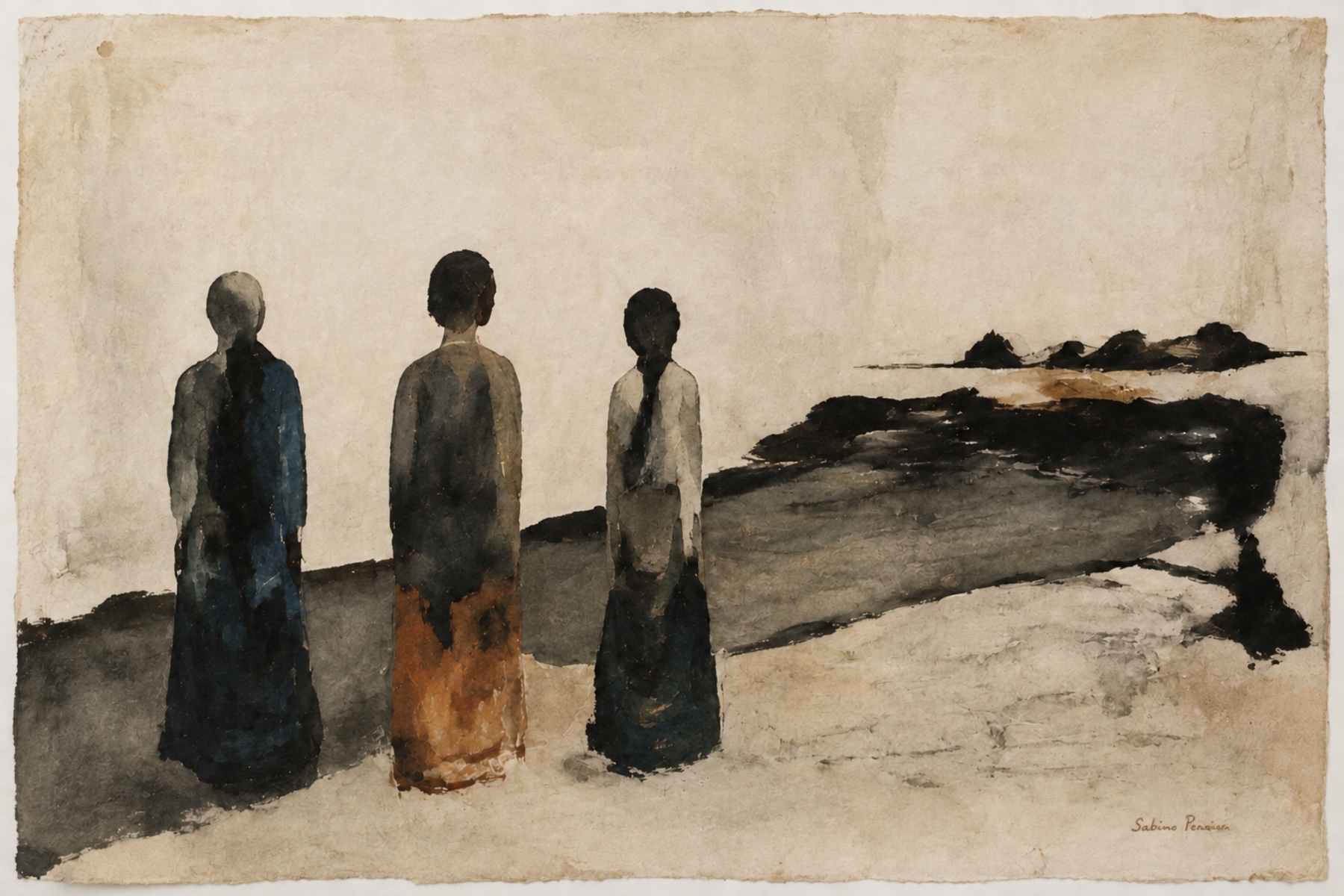 Three figures facing an abstract Atlantic shoreline