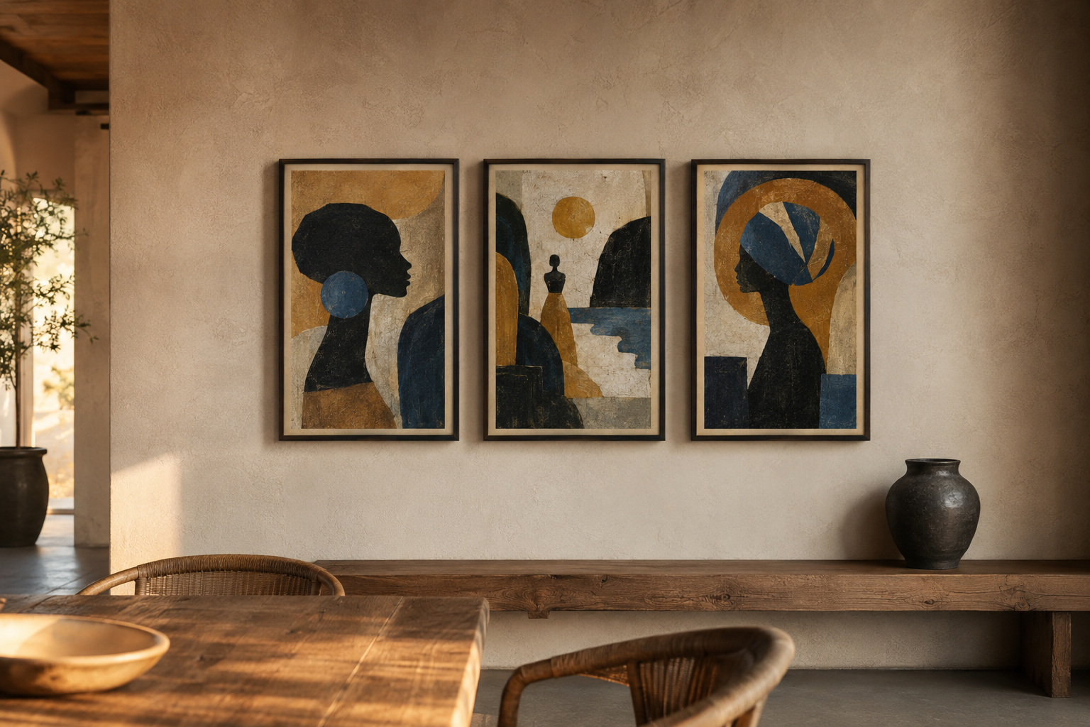 Curated set of three artworks in a warm interior